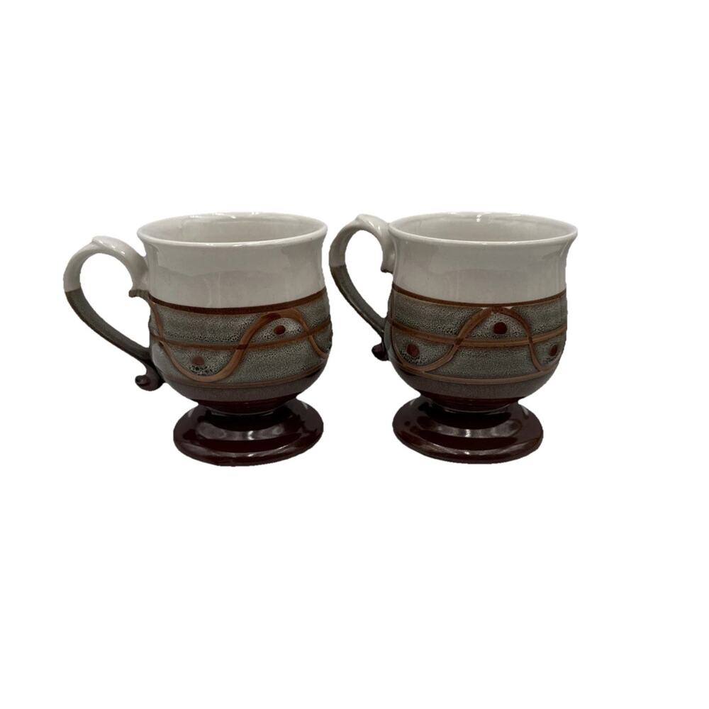 2 Vtg Stoneware Pottery Glaze Footed Brown & Greenish Gray Studio Clay Mugs Read